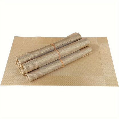 PVC Placemats Set of 6 Heat Resistant Non-Slip Washable Table Mats for Kitchen Dining Table, Easy Clean Vinyl Dinner Mats 11.8x17.7 Inch (Golden, Brown, Silver)