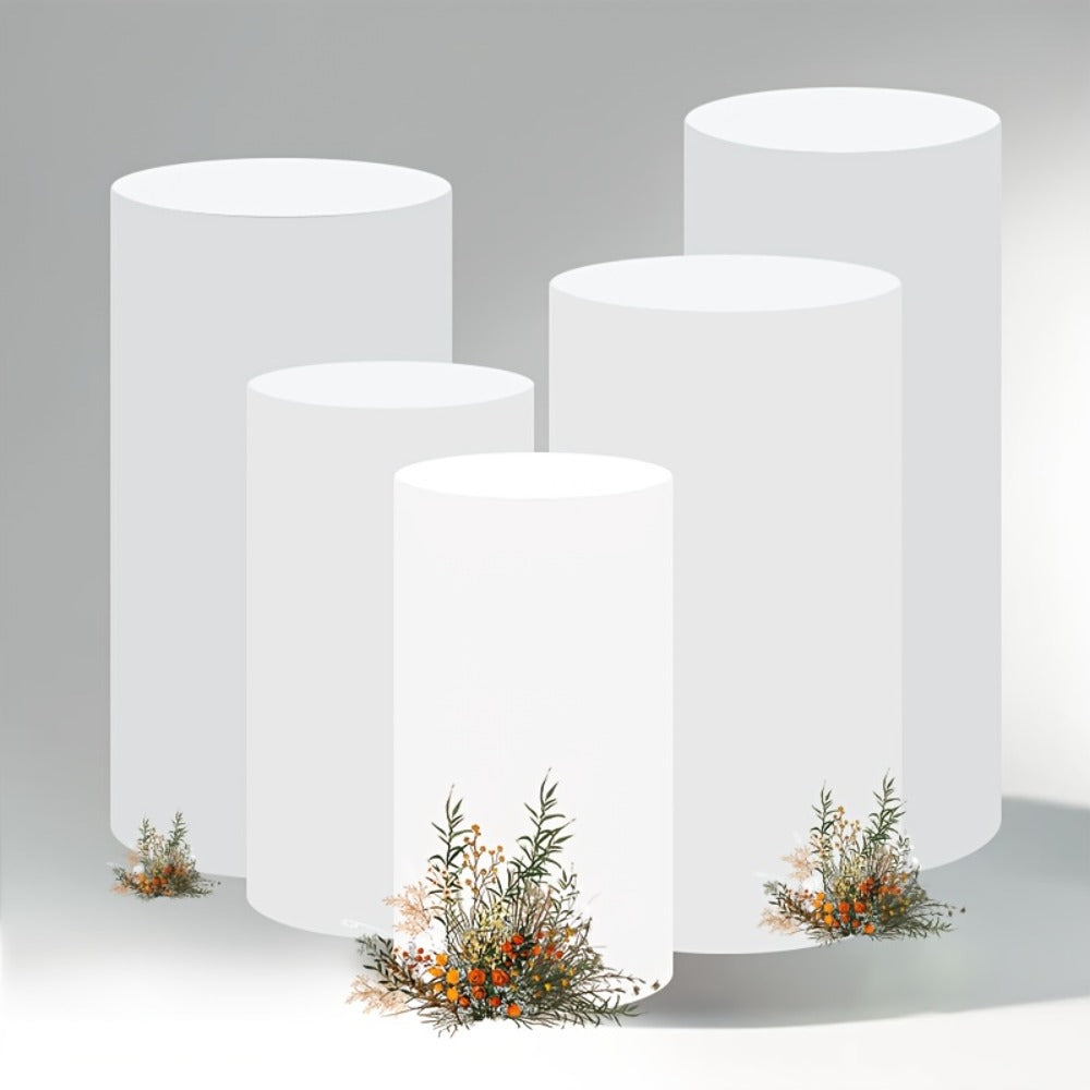 Cylinder Pedestal Stand Covers 5pcs – Stretch Fabric Pillar Covers for Wedding Party Birthday Baby Shower Dessert Table Backdrop Decor White Pink