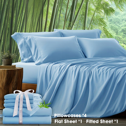 Bamboo Blend Bed Sheet Set 6pcs – Flat Sheet, Fitted Sheet & 4 Pillowcases, Ultra Soft Lyocell Viscose Breathable Bedding for Hot Sleepers, Deep Pocket Twin Full Queen King, 11 Colors