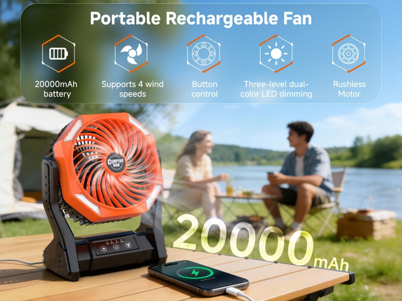 Camping Fan 20000mAh with LED Light and Brushless Motor, 4-Speed 180° Oscillating Portable Outdoor Fan, 22-26H Long Runtime Anti-Slip Base, 3-in-1 Table Fan for Camping, Hiking, Picnic and Emergency