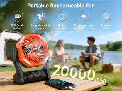 Camping Fan 20000mAh with LED Light and Brushless Motor, 4-Speed 180° Oscillating Portable Outdoor Fan, 22-26H Long Runtime Anti-Slip Base, 3-in-1 Table Fan for Camping, Hiking, Picnic and Emergency