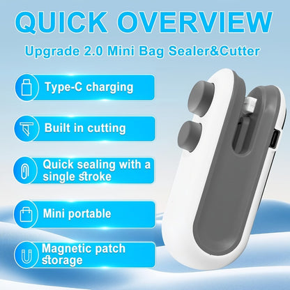Mini Bag Sealer 2-Pack USB-C Rechargeable 2-in-1 Heat Seal with Cutter – Magnetic Storage Bag Resealer for Plastic Snack Food Bags | Airtight Freshness Keeper Portable Kitchen Gadget White