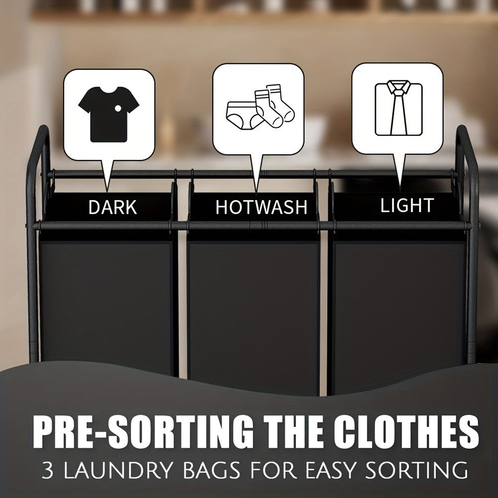 3-Bag Laundry Sorter Cart 63.4 Gallon – Rolling Hamper with Lockable Wheels & Removable Bags, Heavy-Duty Fabric Laundry Basket for Bedroom & Laundry Room, Black Gray Beige Brown