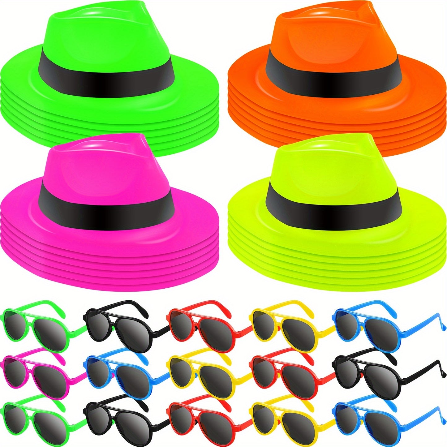 Neon Party Supplies 48 Pieces Set with 24 Glow in the Dark Hats and 24 Neon Sunglasses, Blacklight Party Accessories for Birthday Rave Music Festival Gangster Themed Events
