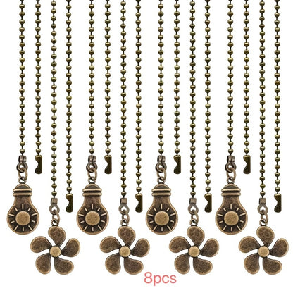 Ceiling Fan Pull Chain Extension Set of 8 - Decorative Bead Chain Pull Cord with Five-Leaf & Bulb Pendants, Iron Chain & Zinc Alloy, Bronze, Black, White, Red, Multi-Color, No Batteries Required