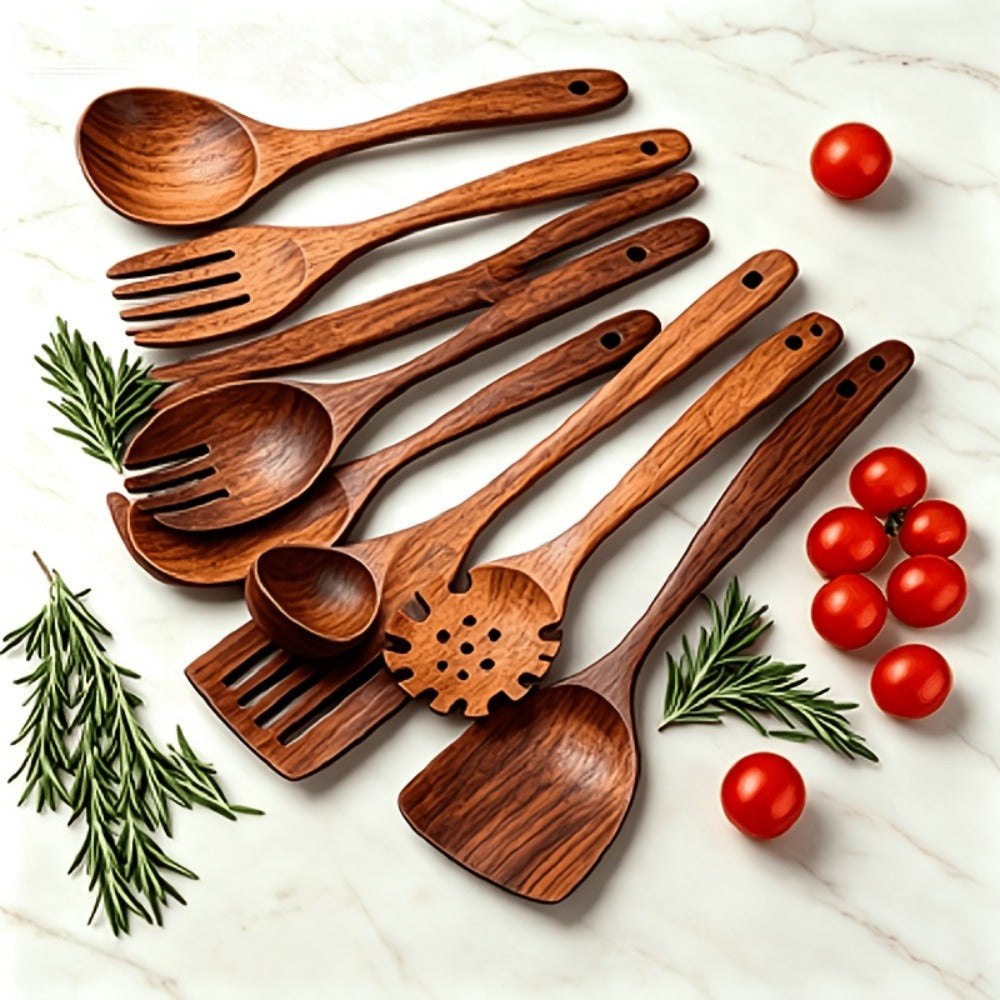 Wooden Kitchen Utensils Set – Natural Wood Spoon Spatula & Wok Spatula with Ergonomic Handle, Heat-Resistant Non-Stick Safe Cooking Tools, Easy to Clean Durable Kitchen Essentials (5 / 6 / 10 Piece Sets)