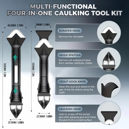 Grout Removal Tool Set 6-in-1 with 5 Replaceable Stainless Steel Blades – Multi-Function Tile Grout Scraper, Putty Knife & Caulk Gun for Kitchen, Bathroom, Floor & Window Renovation