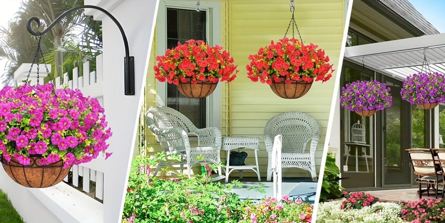 Artificial Hanging Flowers Outdoor UV-Resistant Fake Petunias with Planter Basket – Realistic Faux Hanging Plants for Garden Patio Porch Balcony Railing Decor