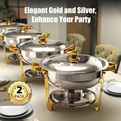 Chafing Dish Buffet Set Stainless Steel Food Warmer 6QT Round Chafer for Catering Events Parties Weddings Banquets, Silver & Gold, 1/2/4/6 Pack Options