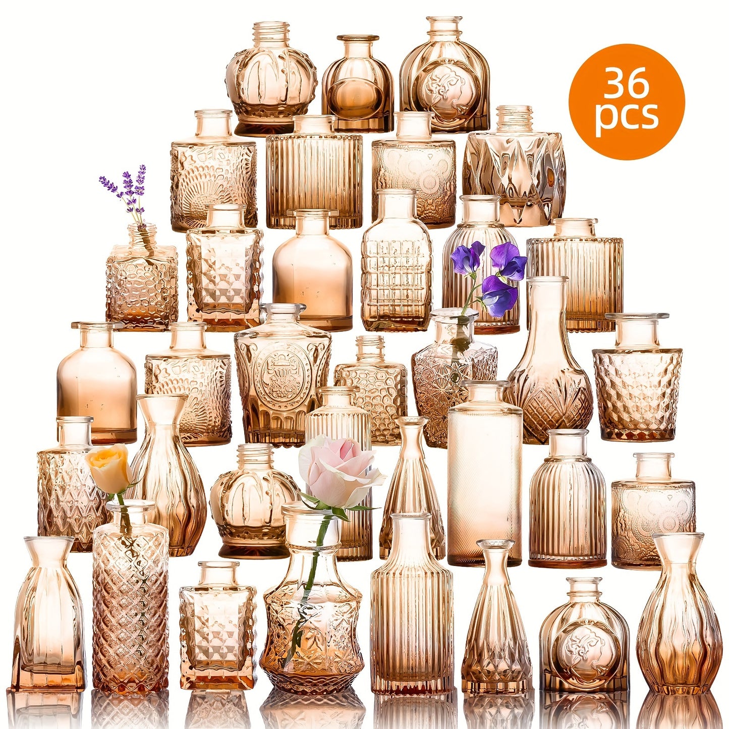 Amber Glass Bud Vase Set of 36 Small Vases for Flowers Mini Flower Vases in Bulk for Rustic Wedding Centerpieces Vintage Home Table Decor Halloween Christmas Multiple Sizes
