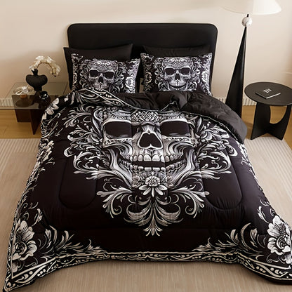 Skull Quilt Set 3pcs Gothic Victorian Comforter with 2 Pillowcases | Black Gray Digital Print Bedding Twin Full Queen King