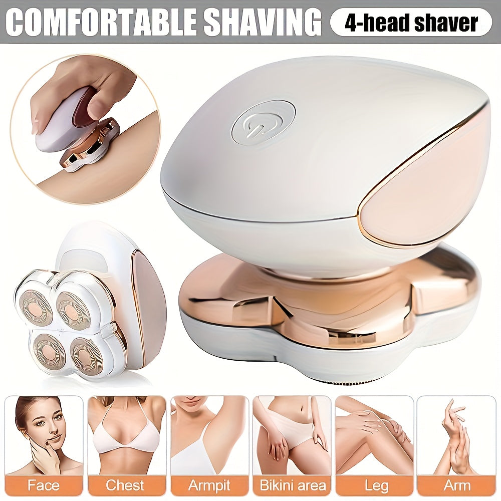 Women's Electric Shaver Full Body Hair Removal 4-Head 360° Rotating Wet Dry USB Rechargeable for Face Bikini Legs Arms Chest Underarms Travel-Friendly with Clipper Attachments