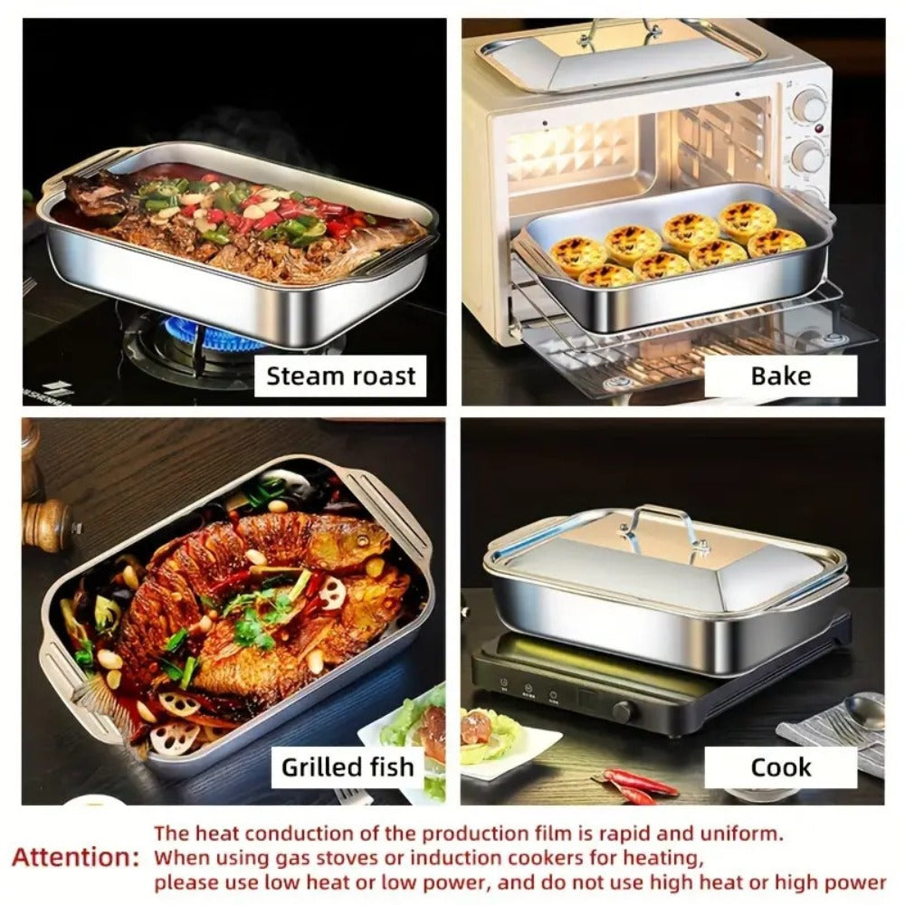 Stainless Steel Baking Trays with Lids – Large Capacity Sheet Pan Set for BBQ, Bread, Desserts, Seafood & Buffets | Family Gatherings, Outdoor Camping, Portable Food Trays