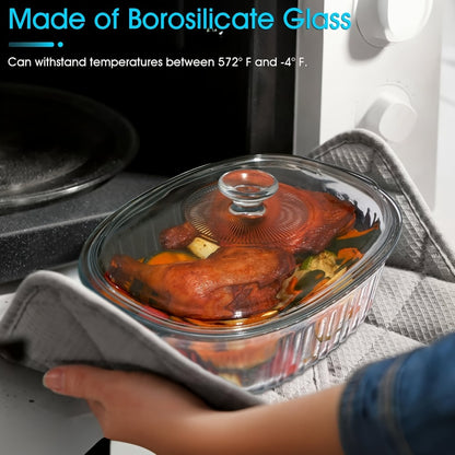 Glass Casserole Dish with Lid, Oval Ribbed Roasting Pan, Oven & Microwave Safe Covered Baking Dish, Transparent Deep Glass Cookware for Chicken Pasta Desserts, 50oz & 85oz Options