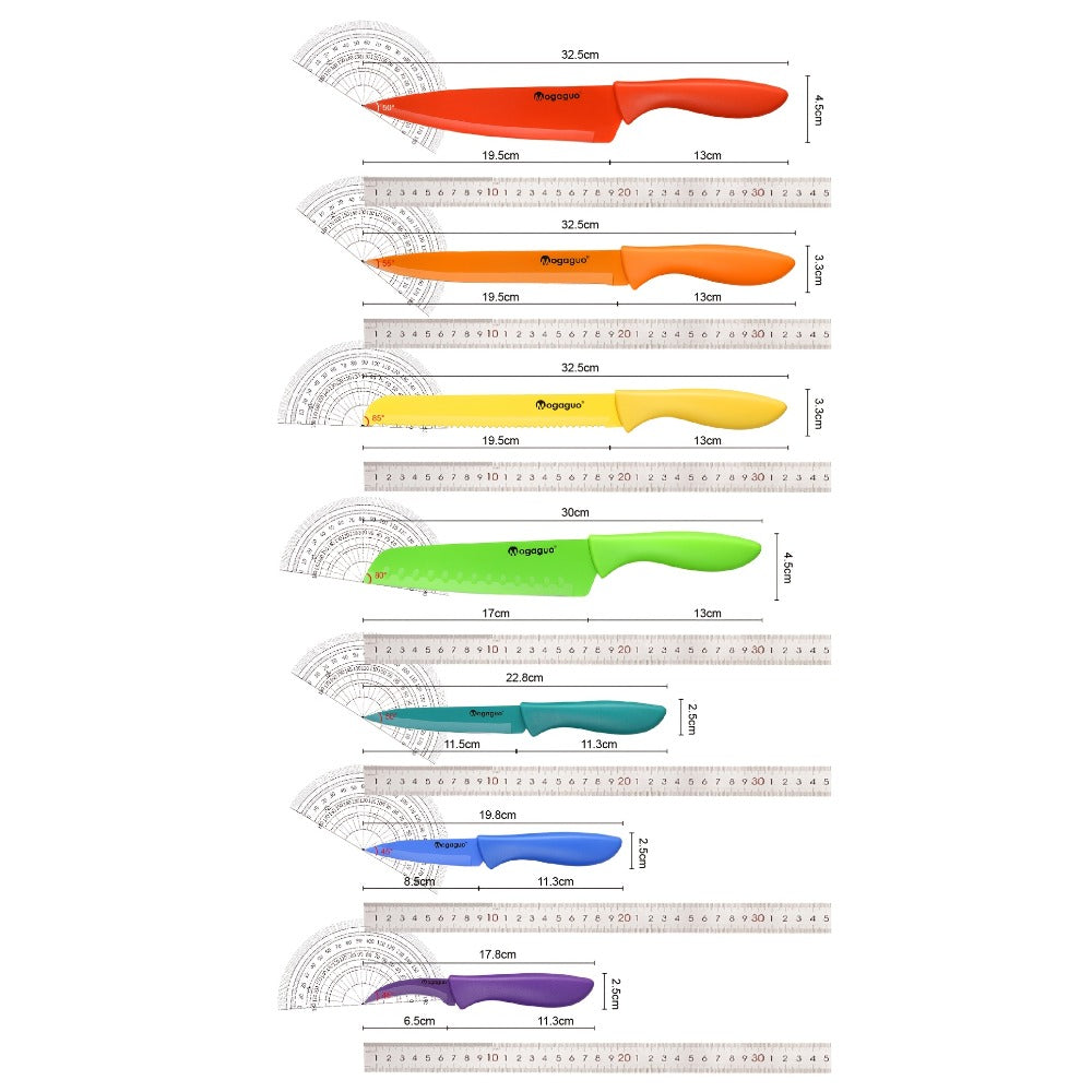 Rainbow Kitchen Knife Set 14pcs – 7 Sharp Stainless Steel Knives with 7 Blade Guards, Dishwasher Safe, Non-Stick Professional Chef Knife Set with Sheaths