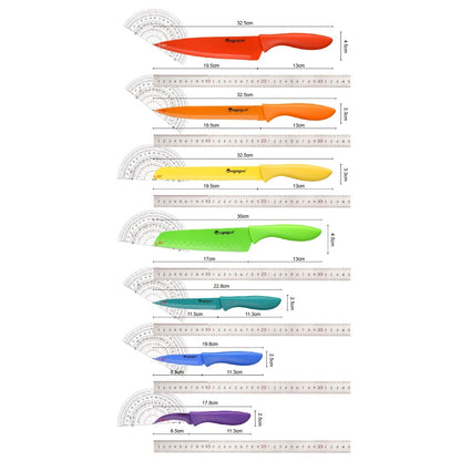 Rainbow Kitchen Knife Set 14pcs – 7 Sharp Stainless Steel Knives with 7 Blade Guards, Dishwasher Safe, Non-Stick Professional Chef Knife Set with Sheaths