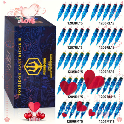Tattoo Cartridge Needles 50Pcs Mixed Sizes - POSEIDON V3 Assorted Sterilized Cartridge Needles with Membrane Safety System 1203RL 1205RL 1207RL 1209RL 1207RM 1209RM 1205RS 1207RS 1209RS 1207M1
