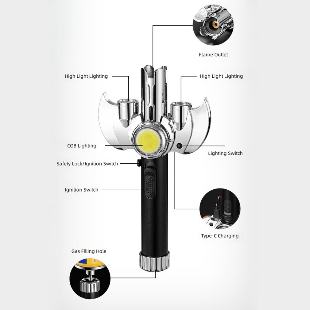 Torch Lighter Metal Jet Flame, Large Windproof Butane Torch with COB Light, High-Power Refillable Flamethrower for Barbecue, Baking, Camping, Moxibustion & Outdoor Use – Black & Silver (Butane Not Included)