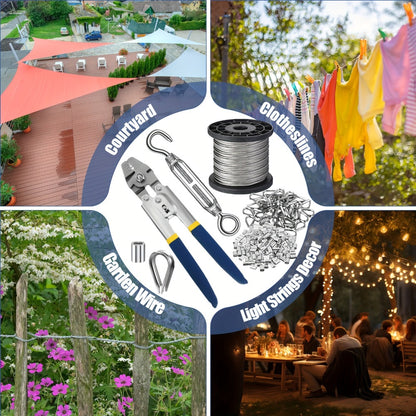 264Pcs Wire Rope Crimping Tool Kit 328ft – Stainless Steel Hook Eye Turnbuckle Thimble Aluminum Crimping Sleeve for Outdoor Garden Railing String Light Hanging