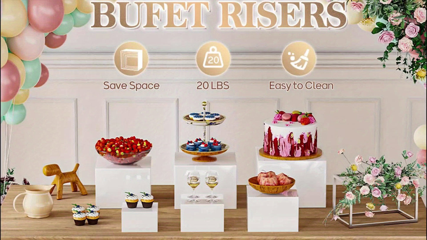 Acrylic Buffet Risers 6pcs Display Stand Set 8 Sizes 3"-10", Cube Box Riser Shelf for Party Catering Dessert Table, Food Display Stand for Collectibles Cupcakes Jewelry, White or Clear