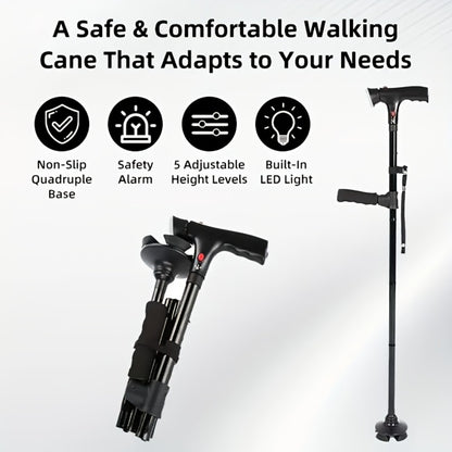 Foldable Walking Cane for Seniors Adjustable Height Folding Stick with Wrist Strap T-Handle Printed Design Portable Lightweight Mobility Aid Gift for Parents