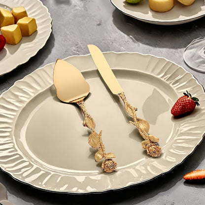 Cake Knife and Spatula Set with Rose Handle – Silver-Plated Dessert Server Gift Box Set for Wedding, Birthday & Party