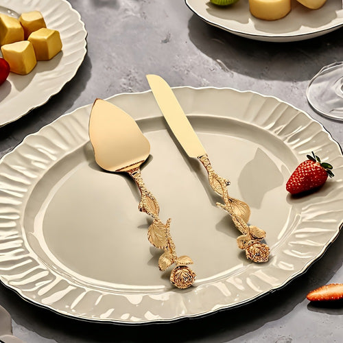 Cake Knife and Spatula Set with Rose Handle – Silver-Plated Dessert Server Gift Box Set for Wedding, Birthday & Party