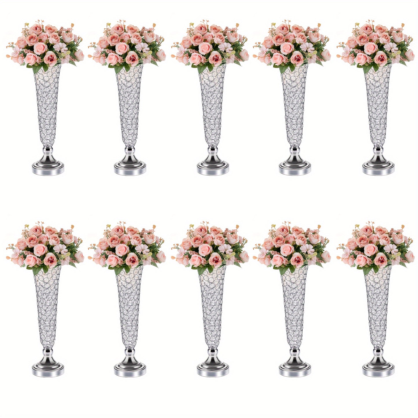 Crystal Trumpet Flower Vase Centerpieces for Wedding Table – Bling Wrought Crystal Vases for Party, Anniversary, Birthday, Banquet & Home Decor, Gold & Silver, 2pcs or 10pcs Set