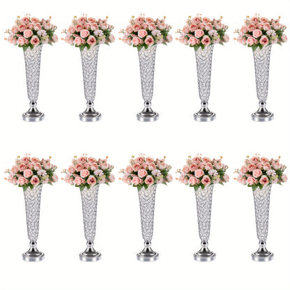Crystal Trumpet Flower Vase Centerpieces for Wedding Table – Bling Wrought Crystal Vases for Party, Anniversary, Birthday, Banquet & Home Decor, Gold & Silver, 2pcs or 10pcs Set