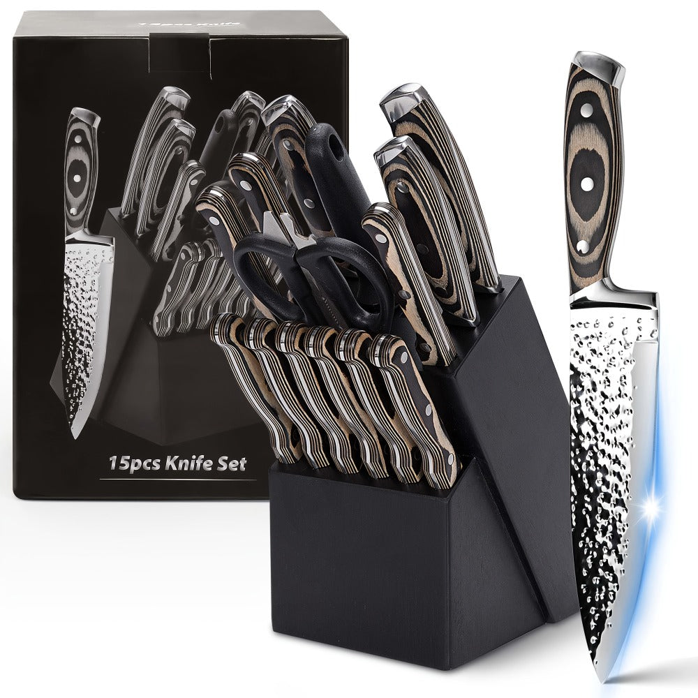 Kitchen Knife Set 15 Piece – Chef Knife Block Set with Self-Sharpening Wooden Block, Steak Knives & Hammered Stainless Steel Blades, Perfect Gift for Home Cooks & Men