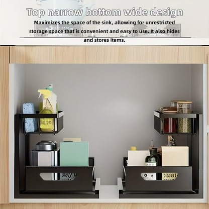 2-Tier Pull-Out Cabinet Organizer Metal Sliding Drawer, Kitchen Sink Storage Container for Bathroom Tabletop Study, Push-Pull Stackable Organizer for Kitchen Bathroom Cabinet