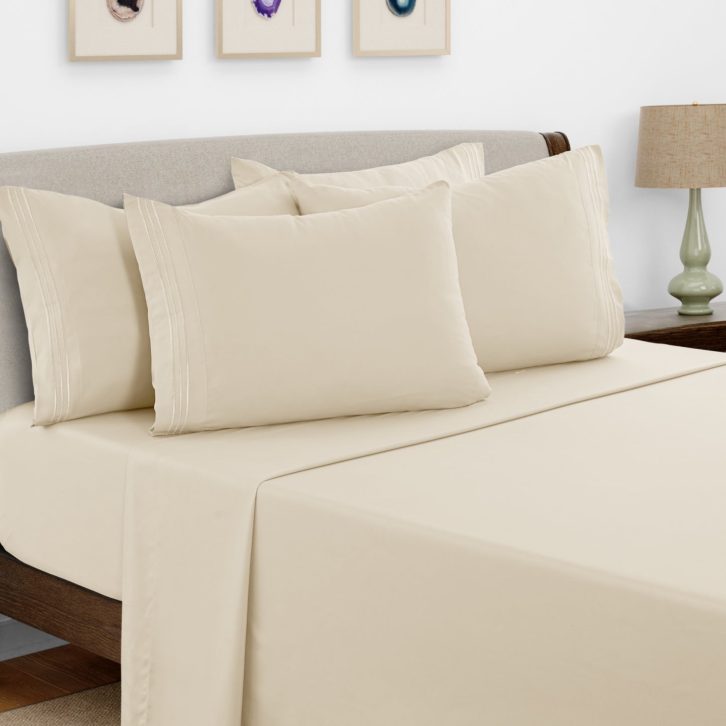 Bed Sheets Set 6 Piece - Soft Brushed Microfiber Fitted Sheet with 16" Deep Pocket, Flat Sheet & Embroidered Pillowcases, Hotel Luxury Cooling Bedding, All Seasons, 20 Colors