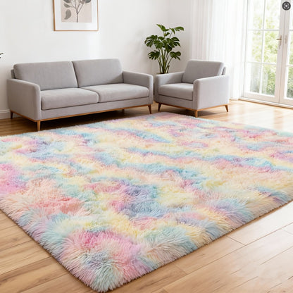 Rainbow Tie Dye Shag Area Rug – Soft Fluffy Non-Slip Machine Washable Carpet for Living Room Bedroom Home Office