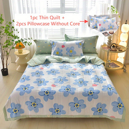 Quilt Set 3 Piece Summer Cooling – Floral Printed Thin Comforter with 2 Pillowcases, Soft Skin-Friendly Bedding for Twin Full Queen King, All Season Lightweight Blanket for Bedroom Hotel Guest Room