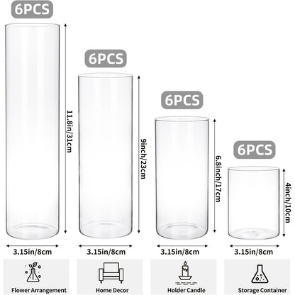 Glass Cylinder Vases Set 12 or 24pcs Clear Tall Flower Vase Candle Holder 4 Sizes for Wedding Centerpieces Home Decor Party Table Decoration DIY Candle Making