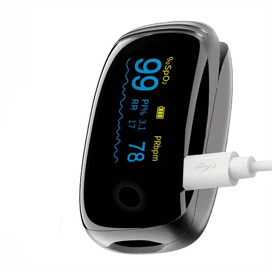 Fingertip Pulse Oximeter FDA Cleared Rechargeable SpO2 Blood Oxygen Monitor with Pulse Rate PI Respiratory Rate OLED Display Fast Reading for Outdoor Sports Home Use