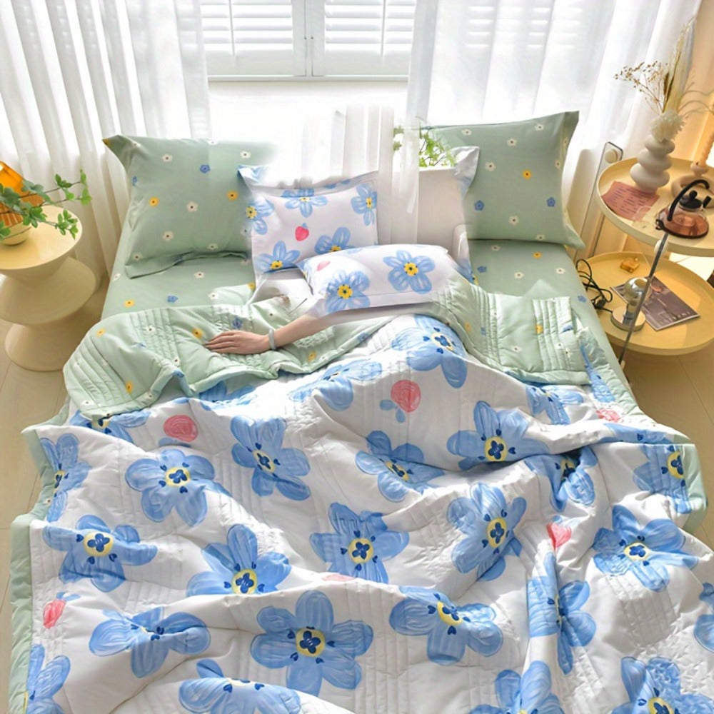 Quilt Set 3 Piece Summer Cooling – Floral Printed Thin Comforter with 2 Pillowcases, Soft Skin-Friendly Bedding for Twin Full Queen King, All Season Lightweight Blanket for Bedroom Hotel Guest Room