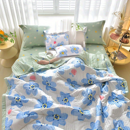 Quilt Set 3 Piece Summer Cooling – Floral Printed Thin Comforter with 2 Pillowcases, Soft Skin-Friendly Bedding for Twin Full Queen King, All Season Lightweight Blanket for Bedroom Hotel Guest Room