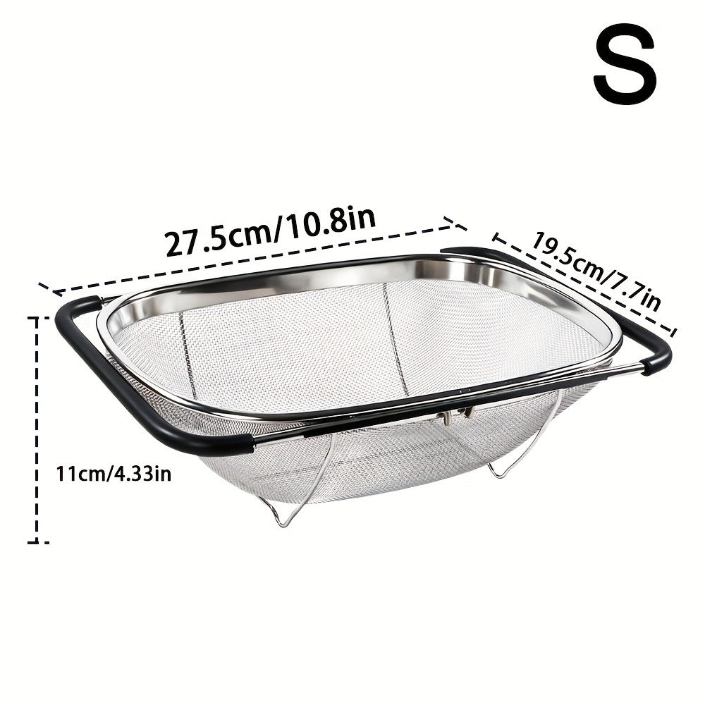 Expandable Sink Colander Stainless Steel – Over the Sink Strainer Basket with Fine Mesh & Rubber Grip, Adjustable Kitchen Drain Strainer for Vegetables, Fruits & Pasta, Small & Large Size