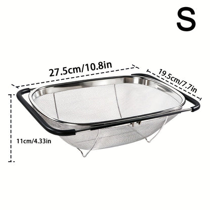 Expandable Sink Colander Stainless Steel – Over the Sink Strainer Basket with Fine Mesh & Rubber Grip, Adjustable Kitchen Drain Strainer for Vegetables, Fruits & Pasta, Small & Large Size