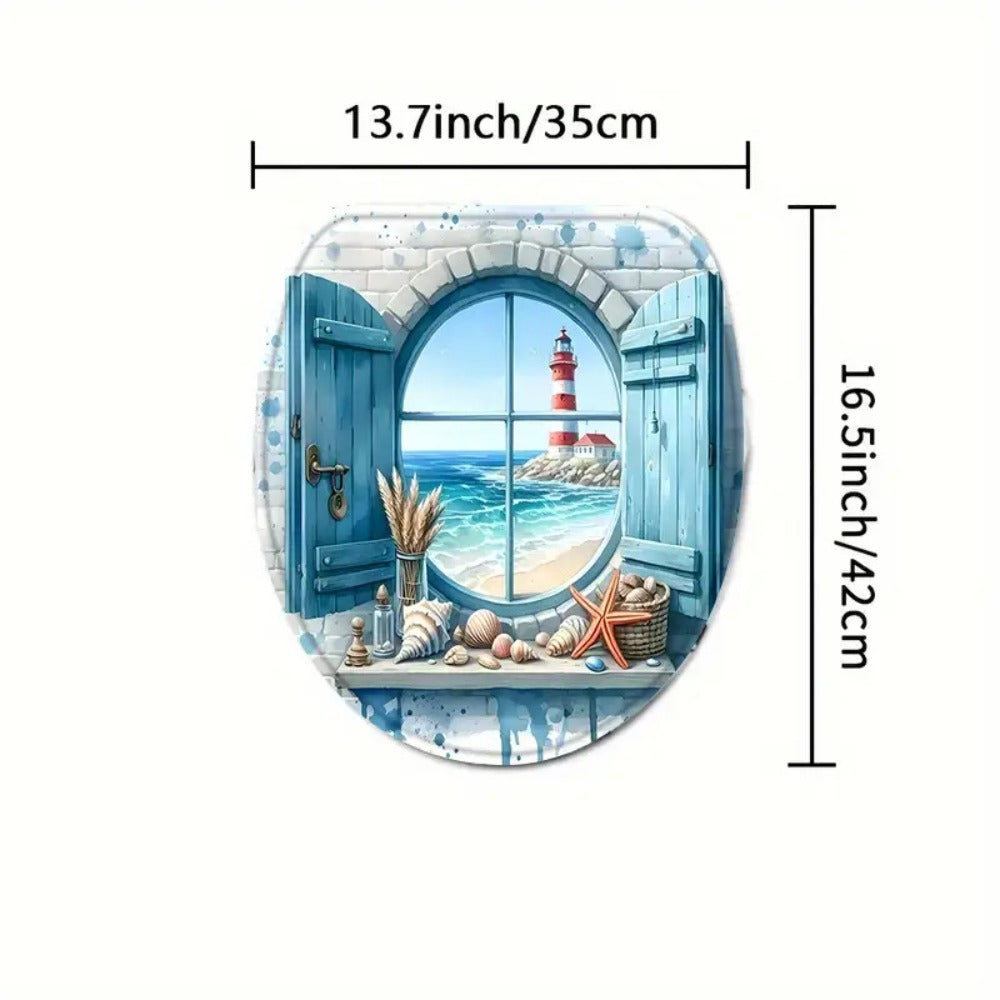 Lighthouse Shower Curtain Set with Ocean View Pattern – Nautical Bathroom Decor with Non-Slip Mat, Toilet Seat Cover & 12 Hooks for Apartment Hotel