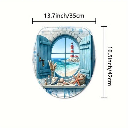 Lighthouse Shower Curtain Set with Ocean View Pattern – Nautical Bathroom Decor with Non-Slip Mat, Toilet Seat Cover & 12 Hooks for Apartment Hotel
