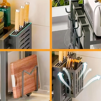 Kitchen Storage Rack Metal Extendable Shelves Microwave Stand Counter Organizer for Spices Bowls Cups Cookware Space Saving Shelf Black