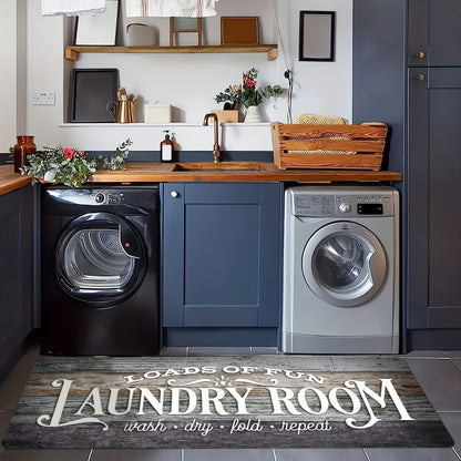 Non-Slip Laundry Room Mat Wood Grain Design - Heavy Duty Washable Rubber Backing Carpet | Rustic Dark Brown & Gray Kitchen Bathroom Rug | Durable Easy Clean Home Floor Mat in 2 Sizes