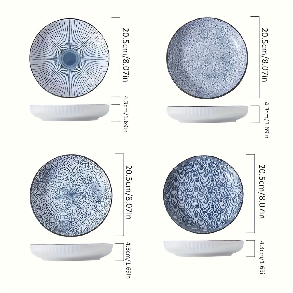 Japanese Ceramic Plates Set of 4 – Floral Yamada Pattern Dinnerware, 7-Inch Round Serving Plates with Non-Slip Edge, Underglaze Color, Nordic Style Steak & Salad Dish