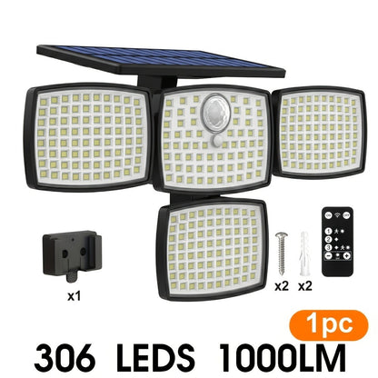 Solar Outdoor Motion Sensor Light 4-Head 3000LM – 270° Wide Angle, 3 Modes, IP65 Waterproof, Remote Control, Solar Flood Light for Garden Backyard Garage Wall Yard, 1/2/4 Pack