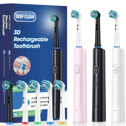 Electric Toothbrush with Smart Timer – Sonic Whitening, 3D Round Soft Bristle Head, IPX67 Waterproof, USB Rechargeable, 4 or 8 Brush Heads, Black White Pink for Adults, Couples & Families