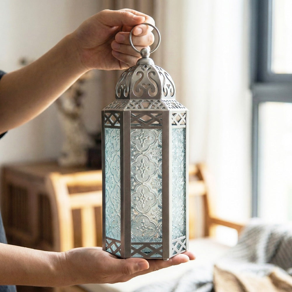 Moroccan Candle Lantern Holder - Decorative Metal & Glass Lantern with Embossed Floral Design for Indoor Home Decor, Garden, Patio, Weddings, Ramadan, Halloween & Holiday Celebrations - 10.5" Tall Medium Size