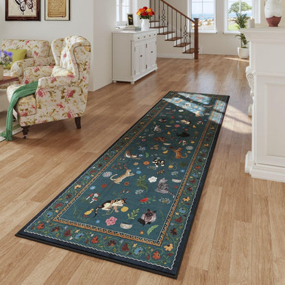 Boho Cat Floral Area Rug – Vintage Blue Animal Print Low Pile Carpet, Non-Slip Soft Rug for Living Room, Bedroom & Dining Room, Round & Runner Sizes, Easy Clean