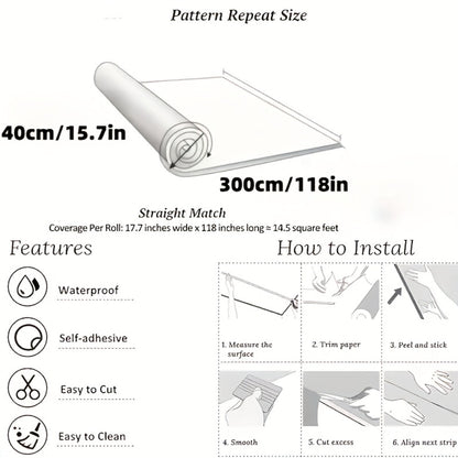 Peel and Stick Floor Tile Sticker 15.7"x118" Self-Adhesive Marble Pattern Vinyl Roll – 3mm Thick Removable Flooring for Kitchen Backsplash, Bathroom, Shower Room & Home Renovation